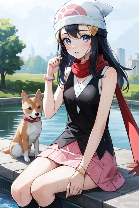 (masterpiece, best quality),  intricate details,
1girl,    <lora:pokemon dawn-lora-nochekaiser:0.8> pokemon dawn, black hair, blue eyes, sidelocks, long hair,, bare shoulders, beanie, black shirt, black socks, bracelet, hat, jewelry, kneehighs, miniskirt, pink skirt, red scarf, scarf, shirt, skirt, sleeveless, sleeveless shirt, white headwear,
outdoors, rain, umbrella, dog, wet clothes,