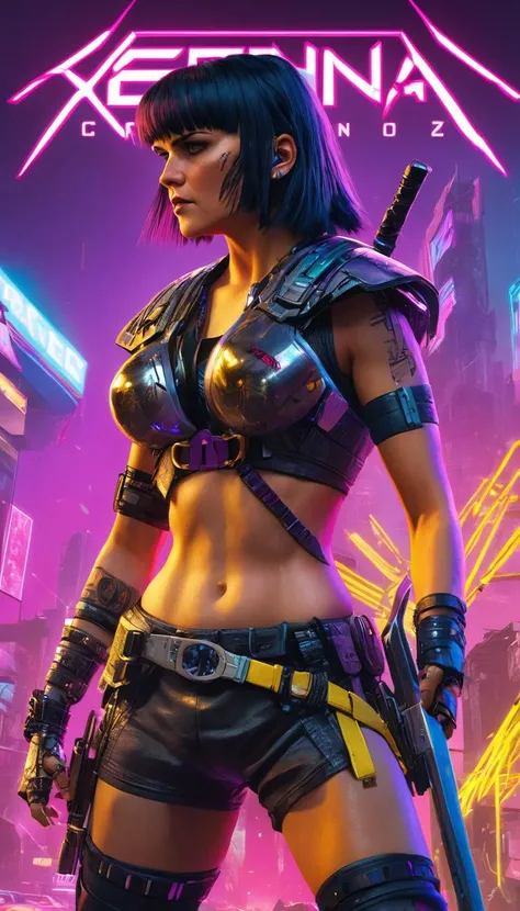 masterpiece, best quality, high quality, absurdres, Xena, Cyberpunk 2077 game cover, cyberpunk style, action pose, hero view <lora:xena_v0.0.1:1>, cinematic scene, detailed background, vivid