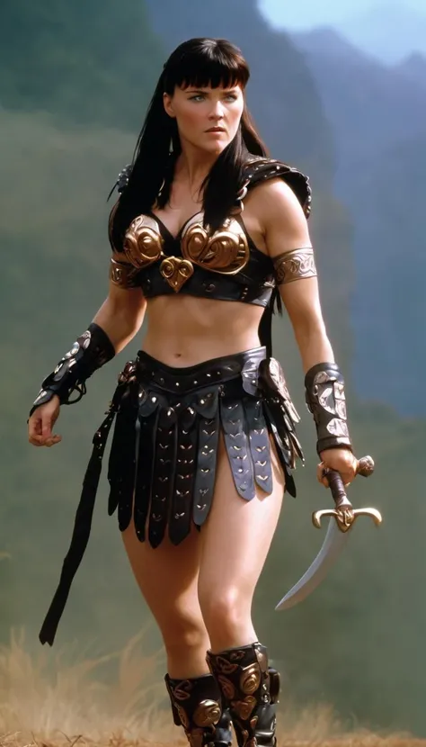 score_9, score_8_up, score_7_up, BREAK, (source_photo, realistic, masterpiece, full length photo with legs), full view,
Seductive captivating (Xena warrior princess :1.3), Lucy Lawless, cute, sweet, very long hair, extremely long hair, gorgeous face, sexual large cleavages, very wide hips, firm shapely buttocks, thigh high boots with very high heels, short skirt, perfect distinctly hourglass figure, amazons physique, erotic open body position,
mystical beach, foggy atmosphere,