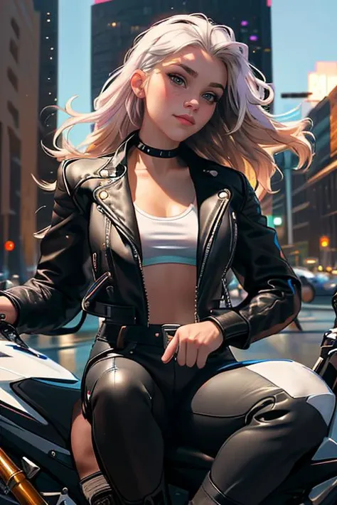 Cyberpunk city blonde girl with long hair on a motorcycle