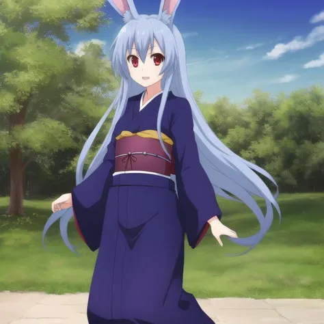 mondaiji-kurousagi, yukata,blue hair, long hair, hair between eyes, red eyes, rabbit ears, ((full body)), solo, 1girl, outdoors <lora:mondaiji-kurousagi-000002:0.3>