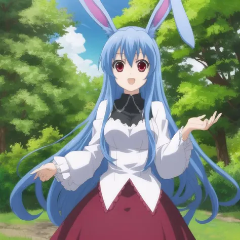 mondaiji-kurousagi, business suite,blue hair, long hair, hair between eyes, red eyes, rabbit ears, ((full body)), solo, 1girl, outdoors <lora:mondaiji-kurousagi-000002:0.4>