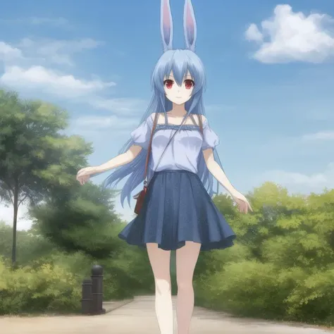 mondaiji-kurousagi, gym uniform,blue hair, long hair, hair between eyes, red eyes, rabbit ears, ((full body)), solo, 1girl, outdoors <lora:mondaiji-kurousagi-000002:0.5>