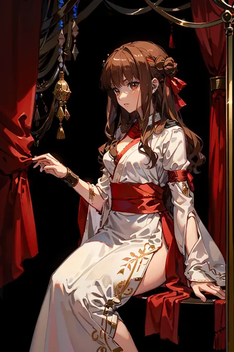 <lora:kishinami_hakuno_v3:0.75> hmkh1, <lora:fantasy_toga:0.6> fantasy_toga, red sash, red stola, sitting, red cloth,, absurdres, ultra detailed, masterpiece, best quality, aesthetic, detailed,