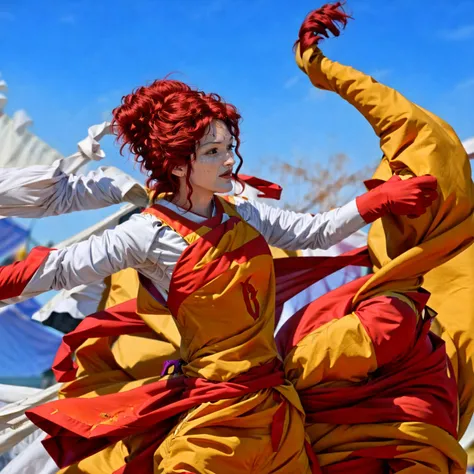 burner_style,  slender, lithe,affable 55-year-old  r0n4ld [auburn:black:0.2] hair, dynamic pose, telephoto closeup, depth of field, at Burningman,  [medium:short:0.5] hair,  fantasy_toga, hair in a messy bun, dancers colliding in background <lora:fantasy_toga:0.7> <lora:burner_style_v1:0.2>   <lora:r0n4ld-000004:1>