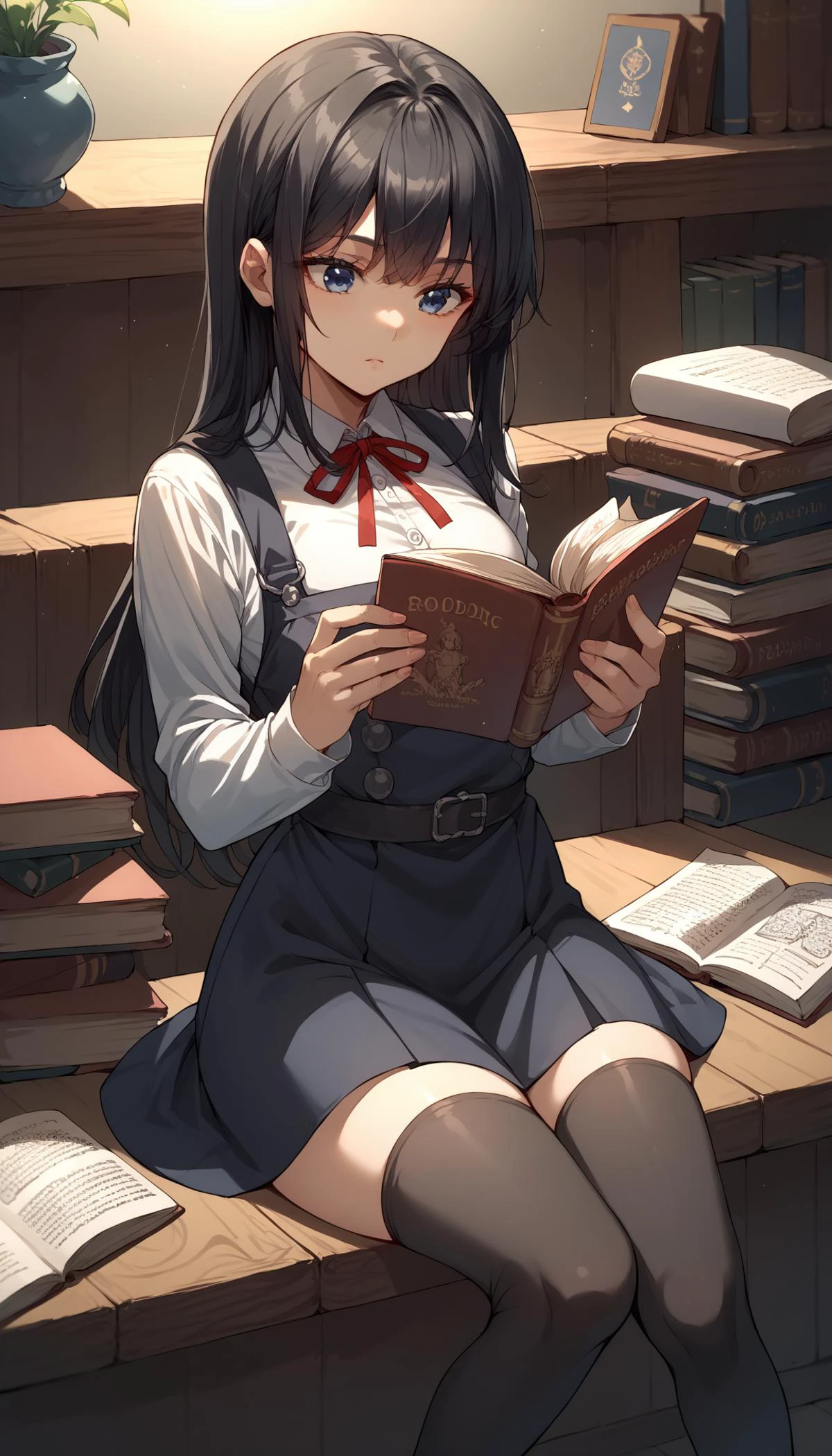score_9, score_8_up, score_7_up, source_anime, <lora:asashio:1>asashiokainiKC, long hair, shirt,black thighhighs, long sleeves,red ribbon,neck ribbon, pinafore dress, <lora:light_sharp_style_magin3.1:1>blue eyes, studying, black hair,reading book