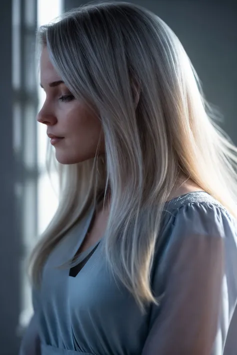 RAW photo of a beautiful emilienereng <lora:emilienereng-v7:0.75>, flowing hair, light from window, blue hour, (volumetric dust:0.8), high quality photography, depth of field, duo tone light, inside, muted colors, sharp focus <lora:LowRa:0.2> <lora:polyhedron_skinny_all:0.2>