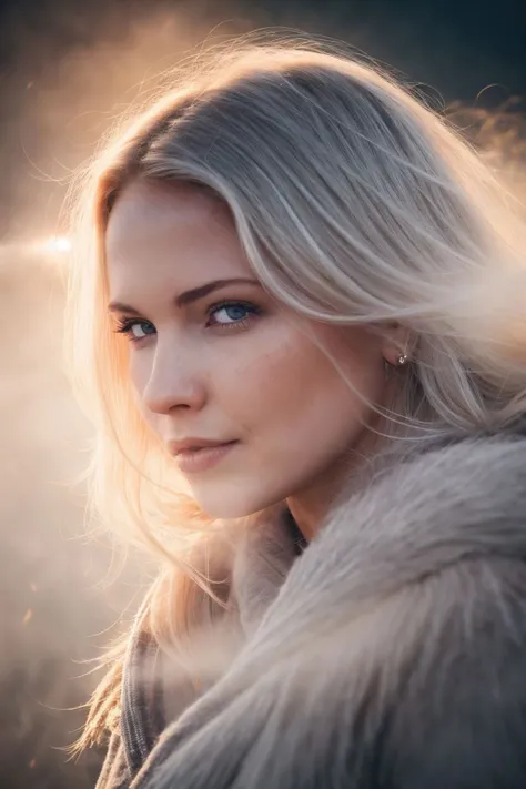 extreme close up photo of emilienereng <lora:emilienereng-v7:0.7>, windy atmosphere, (volumetric mist:0.7), steamy breath, high quality photography, depth of field, duo tone light, muted colors, autumn, sharp focus