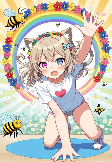 (1girl), purumia, heart trace, teen, intricate background, figure, cat breakdancing \(meme\), bee, butterfly, \\o/, flower wreath, doujin cover, >3<, rainbow fun, angry noises, double v, pearl hair ornament, grasping hand, tabby cat, how to, bend over, five fingers, fisheyes lens, <lora:Old_Illustration_v1:0.41>