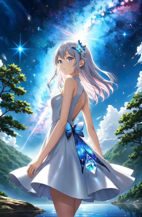 1 girl, anime, masterpiece, fluttered tree hologram ,floating in cosmos, (from side:0.8), (from below:0.9), raising galaxy, best quality, (blue nebula in shape of girl:0.9), (detailed acrylic painting), concept art, intricate detail, lens distortion, highres, (lens flare:0.95), depth of field, (landscape), chaos, raytracing, high contrast, reflective, glossy, ((HDR)), fluttered glowing particles around lake, pose, princess clothes, 3:1, glowing gradient eyes, blush, (thinking), shiny white crystal head accessories, look away from viewer, long shot, ((gradient color)), pose, fluttered elegant dress, fluttered sliver hair, outer realm, tight