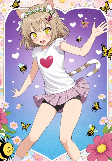 horror , (1girl), purumia, heart trace, teen, intricate background, figure, cat breakdancing \(meme\), bee, butterfly, \\o/, flower wreath, doujin cover, >3<, funky vibe, angry noises, double v, pearl hair ornament, grasping hand, tabby cat, how to, short skirt, five fingers, fisheyes lens, <lora:Old_Illustration_v1:0.41>