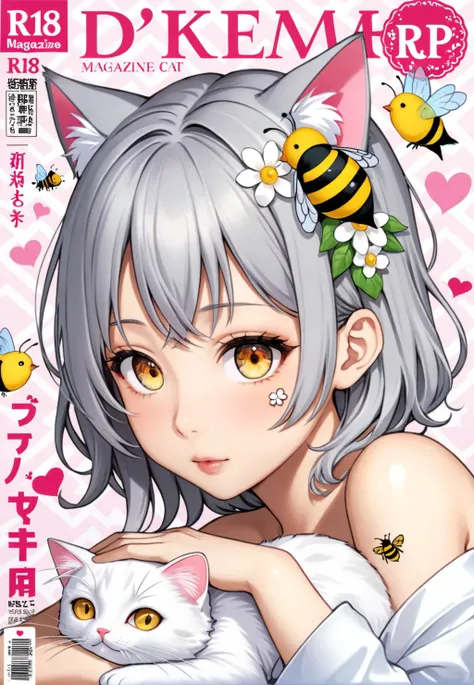 (1girl), grey hair, amber eyes, ((R18 magazine)), ((R18)), cat girl, purumia, heart trace, teen, intricate background, figure, kissing cat, bird sticker, bee sticker, erotic tattoo, \\o/, flower wreath, doujin cover, >3<, pearl hair ornament, pose, tabby cat, how to, kaleidoscope color, aroused, detailed fingers, diagonal sign,  <lora:old_watercolor_illustration:0.4>,  <lora:add-detail-xl:1>