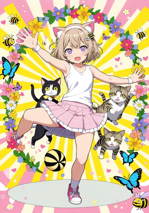 (1girl), purumia, heart trace, teen, intricate background, figure, cat breakdancing \(meme\), bee, butterfly, \\o/, flower wreath, doujin cover, >3<, funky vibe, angry noises, double v, pearl hair ornament, grasping hand, tabby cat, how to, short skirt, five fingers, fisheyes lens, <lora:Old_Illustration_v1:0.41>