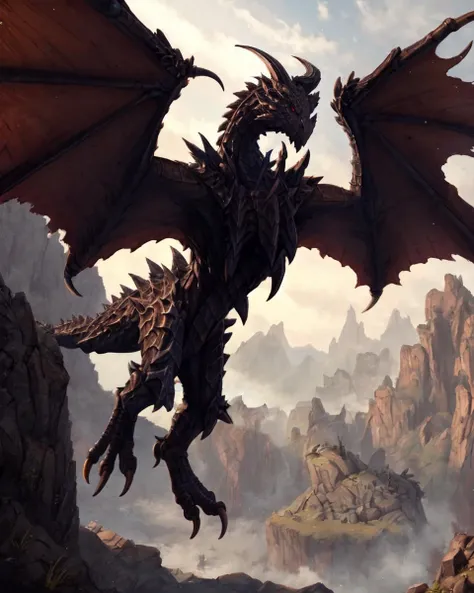 (feral:1.2), alduin, scalie, dragon, wyvern, winged arms, wings, tail, hi res, soft shading, detailed eyes, beautiful eyes, detailed face, good anatomy, cinematic lighting, by woolrool, crayon \(artist\), buta99, athletic, detailed background, outdoors, red eyes, horns, glowing eyes, black scales,