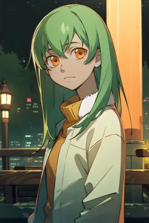 masterpiece, best quality, game cg, 1girl, solo, looking at viewer, upper body, depth of field, , , <lora:amber_darker_than_black:0.76>, amber_darker_than_black, green hair, orange eyes, , , jetty, 16k resolution