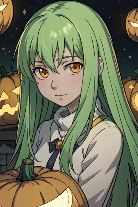 masterpiece, best quality, game cg, 1girl, solo, looking at viewer, upper body, depth of field, anime coloring, , <lora:amber_darker_than_black:0.66>, amber_darker_than_black, green hair, orange eyes, long hair, pumpkin costume, ,