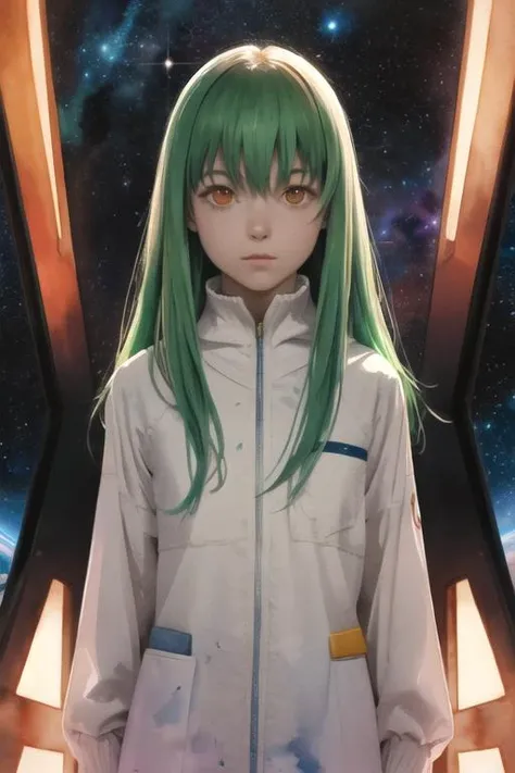 masterpiece, best quality, movie still, 1girl, solo, looking at viewer, upper body, depth of field, (watercolor illustration, soft pastel colors:1.1), realistic, <lora:amber_darker_than_black:0.72>, amber_darker_than_black, green hair, orange eyes, long hair, disco costume, science fiction space opera,