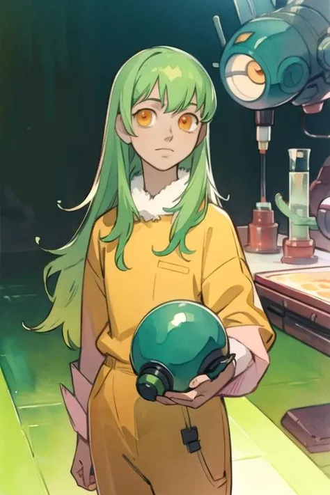 masterpiece, best quality, game cg, 1girl, solo, looking at viewer, , depth of field, (watercolor illustration, soft pastel colors:1.1), realistic, <lora:amber_darker_than_black:0.68>, amber_darker_than_black, green hair, orange eyes, long hair, kitty costume, science fiction soft science fiction, 12k resolution
