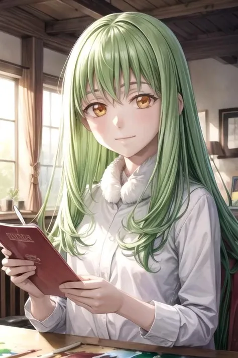 masterpiece, best quality, movie still, 1girl, solo, looking at viewer, , depth of field, (watercolor illustration, soft pastel colors:1.1), , <lora:amber_darker_than_black:0.70>, amber_darker_than_black, green hair, orange eyes, long hair, , science fiction detective,