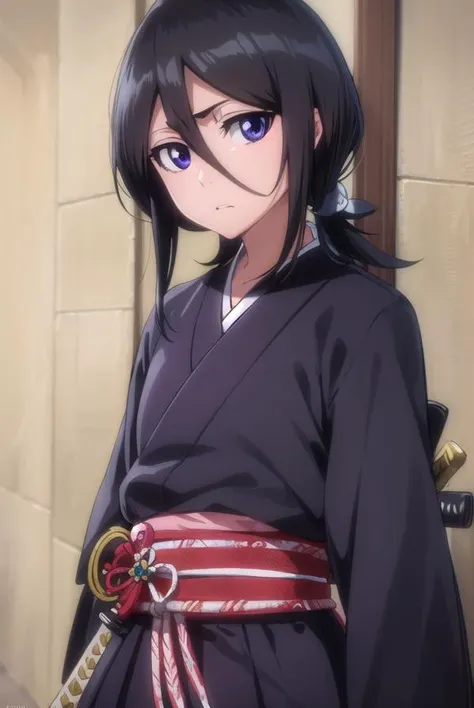 rukiakuchiki, <lyco:rukiakuchiki-lyco-nochekaiser:1>,
rukia kuchiki, default rukia, black hair, hair between eyes, (purple eyes:1.1),
BREAK weapon, japanese clothes, sword, kimono, katana, sheath, hakama, black kimono, long sleeves, wide sleeves,
BREAK outdoors, city
BREAK looking at viewer, (cowboy shot:1.5),
BREAK <lyco:GoodHands-beta2:1>, (masterpiece:1.2), best quality, high resolution, unity 8k wallpaper, (illustration:0.8), (beautiful detailed eyes:1.6), extremely detailed face, perfect lighting, extremely detailed CG, (perfect hands, perfect anatomy),