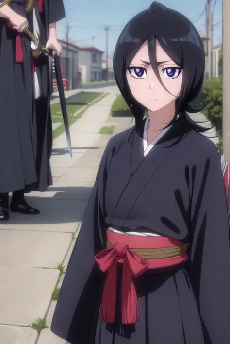 rukiakuchiki, <lyco:rukiakuchiki-lyco-nochekaiser:1>,
rukia kuchiki, default rukia, black hair, hair between eyes, (purple eyes:1.1),
BREAK weapon, japanese clothes, sword, kimono, katana, sheath, hakama, black kimono, long sleeves, wide sleeves,
BREAK outdoors, city
BREAK looking at viewer, (cowboy shot:1.5),
BREAK <lyco:GoodHands-beta2:1>, (masterpiece:1.2), best quality, high resolution, unity 8k wallpaper, (illustration:0.8), (beautiful detailed eyes:1.6), extremely detailed face, perfect lighting, extremely detailed CG, (perfect hands, perfect anatomy),