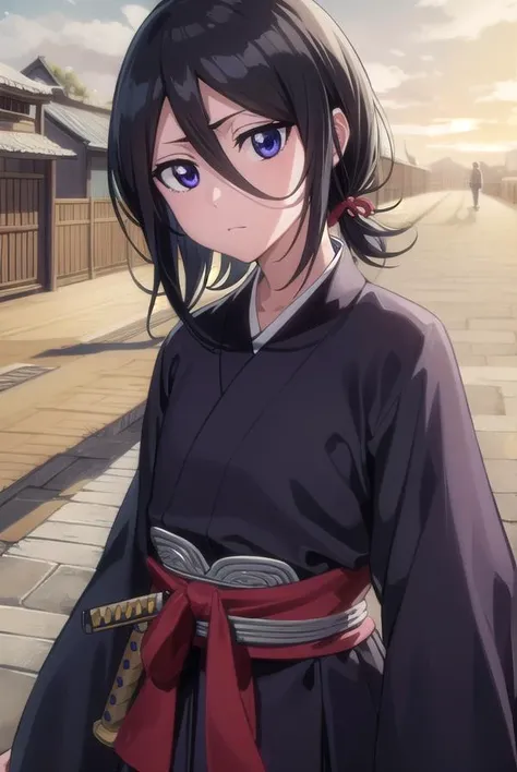 rukiakuchiki, <lyco:rukiakuchiki-lyco-nochekaiser:1>,
rukia kuchiki, default rukia, black hair, hair between eyes, (purple eyes:1.1),
BREAK weapon, japanese clothes, sword, kimono, katana, sheath, hakama, black kimono, long sleeves, wide sleeves,
BREAK outdoors, city
BREAK looking at viewer, (cowboy shot:1.5),
BREAK <lyco:GoodHands-beta2:1>, (masterpiece:1.2), best quality, high resolution, unity 8k wallpaper, (illustration:0.8), (beautiful detailed eyes:1.6), extremely detailed face, perfect lighting, extremely detailed CG, (perfect hands, perfect anatomy),