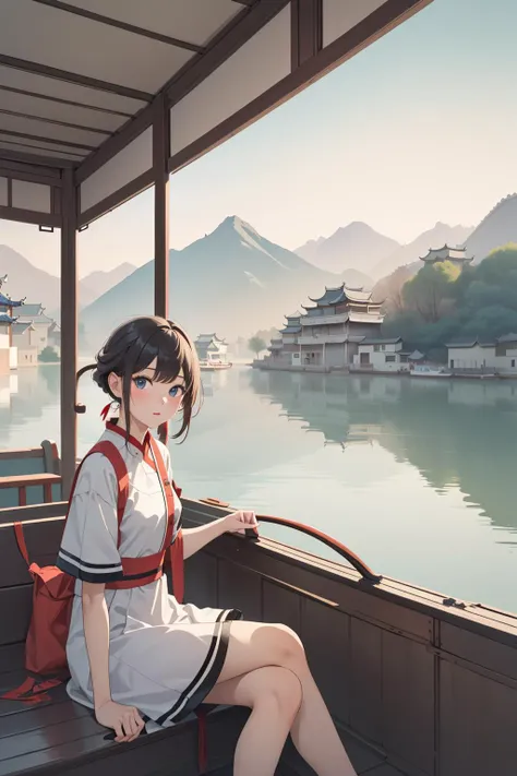 (1girl:1.2),sitting on a small boat,(looking at viewer:1.2),mountain landscape,tranquil mood,balanced layout,cultural heritage,masterpiece,8k,incredibly_absurdres,best quality,guohua,<lora:å¢¨éµæ±åV1:0.7>,