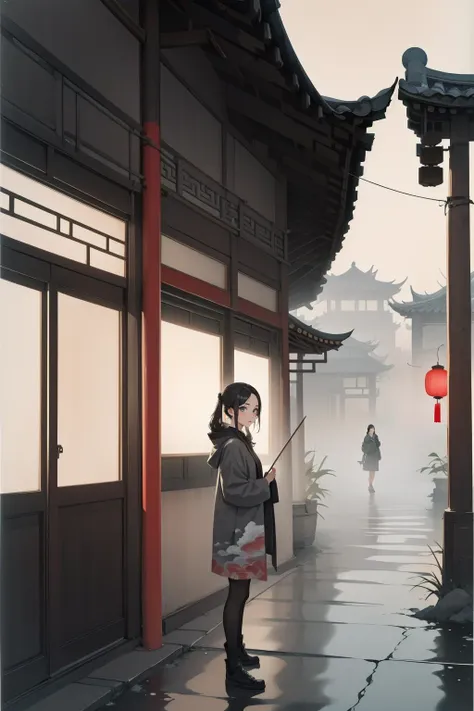 (1girl:1.2),guohua,looking at viewer,Standing on the road,natural and architectural harmony,Ink Wash Painting,masterpiece,8k,incredibly_absurdres,best quality,<lora:å¢¨éµæ±åV1:0.7>,