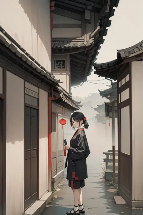 (1girl:1.2),guohua,looking at viewer,Standing on the road,natural and architectural harmony,Ink Wash Painting,masterpiece,8k,incredibly_absurdres,best quality,<lora:å¢¨éµæ±åV1:0.7>,