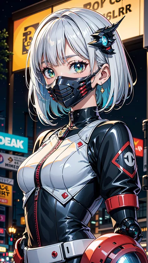 goth_punk,roblit,1girl,robot,solo,medium shot,walking in Harajuku,((night time:1.2)),bokeh,neon light,(colourful background:1.2),iridescent eyes,starry sky,white shimmer hair,white eyebrow,glowing hair,(iridescent white hair),earrings,bangs,jewellery,mask,blunt bangs,green eyes,mouth mask,blurry background,blurry,hair ornament,looking at the viewer,short hair,portrait,sidelocks,(with a robotic dragon pet wrapped around the body:1.2),<lora:Gothpunk:1>,<lora:add_detail:0.2>,<lora:robotbattle:0.8>,