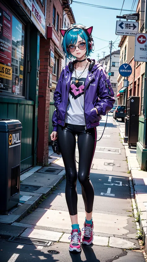 dj cat ,turquoise hair, purple jacket , black sunglasses , full body , headphones