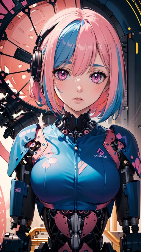 (masterpiece, top quality, best quality, official art, beautiful and aesthetic:1.2),(1girl:1.4),upper body,([pink|blue] hair:1.5),extreme detailed,(fractal art:1.3),(colorful:1.5),highest detailed,(Mechanical modification:1.5),