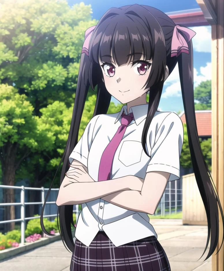 (extremely detailed CG unity 8k wallpaper, masterpiece, best quality, ultra-detailed, highres, absurdres), (anime:1.4), (illustration), 1girl, solo,
((tsukuyomi shirabe)), black hair, blunt bangs, twintails, pink ribbon, pink eyes, small breasts, , shiny hair, light smile, park, shy, outdoors,
looking at viewer, lydian academy uniform, school uniform, red necktie, white shirt, short sleeves, plaid skirt, miniskirt, cowboy shot,