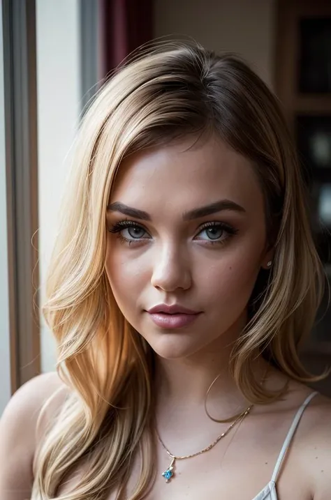 detailed and realistic portrait of beautiful (MiaM), sexy, 25yo, blonde_hair, brown_eyes, long_hair, wavy_hair, closed_mouth, lips, smile, jewelry, wearing sporty, looking_at_viewer, shot outside, soft natural lighting, portrait photography, magical photography, dramatic lighting, photo realism, ultra-detailed, intimate portrait composition, Leica 50mm, f1. 4, <lora:add_detail:0.2>