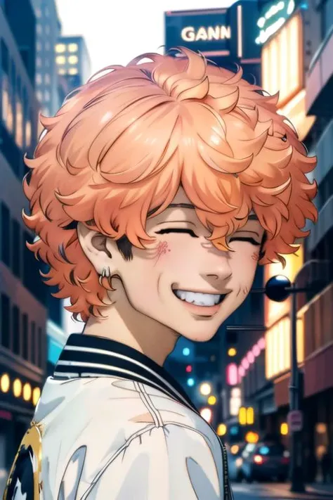 (best quality:1.1), (masterpiece:1.4), wallpaper, looking at viewer, upper body, , anime coloring, , 1boy, solo, male focus, <lora:nahoya_kawata:0.96>, nahoya_kawata, orange hair, closed eyes, smile, , The City of Glas, 8k resolution