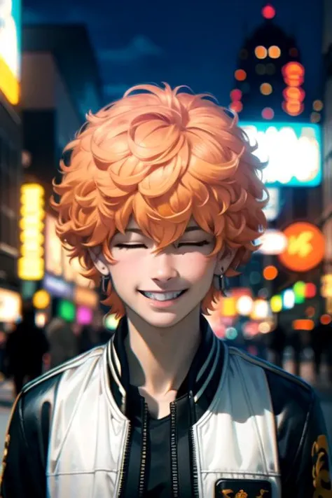 photorealistic, (4k), depth of field, (Masterpiece), (realistic skin texture), extremely detailed, intricate, hyper detailed, high resolution, professional photography, bokeh, depth of field, sharp detail, best quality, looking at viewer, 1boy, solo, male focus, <lora:nahoya_kawata:0.84>, nahoya_kawata, orange hair, closed eyes, smile, clown costume, fantasy, HDR