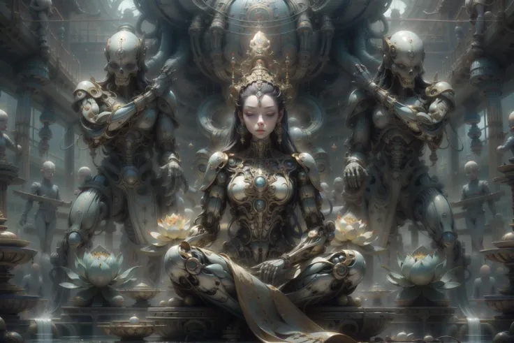 (A woman was sitting in a lake meditating,Very big lotus:1.4),pov,(Buddhism,Mythic,religion,A fantasy movie full of imagination),(Floating golden dust:1.4),(Paranormal phenomenon:1.3),(art,cyborg,SMOOTH,SCIFI,Reflective materia:1.4),
beautiful image,perfect shading,A carefully cut hairstyle,elegance,
ealistic details,extremely detailed,ultra-realistic lights and shadows,official art,
extremely detailed face, beautiful face, perfect face,realistic face, atural makeup, beautiful goddess,(1girl, nice girl),
(masterpiece:1.4),(soft lighting:1.2), bokeh, depth of field, photorealistic, caustics,
(best quality:1.3),(athletic body:1.4),
<lora:lux lotus:0.4>ï¼ <lora:绪å¿-ç¦
Zen:0.5> ,Zen, <lora:more_details:0.5>, <lora:hrgiger2x_8 2:0.5>,hrgiger, <lora:bonespunk-v1:0.5>,white mecha,exo-skeleton mecha, <lora:MahabharataPunkAI:0.5>,MAHABHARATAPUNKAI, <lora:æ³å
:0.4>
