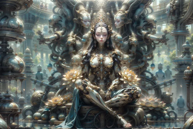 (A woman was sitting in a lake meditating,Very big lotus:1.4),pov,(Buddhism,Mythic,religion,A fantasy movie full of imagination),(Floating golden dust:1.4),(Paranormal phenomenon:1.3),(art,cyborg,SMOOTH,SCIFI,Reflective materia:1.4),digital photography,Smooth porcelain shellï¼
beautiful image,perfect shading,A carefully cut hairstyle,elegance,
ealistic details,extremely detailed,ultra-realistic lights and shadows,official art,
extremely detailed face, beautiful face, perfect face,realistic face, atural makeup, beautiful goddess,1girl, nice girl,
(masterpiece:1.4),(soft lighting:1.2), bokeh, depth of field, photorealistic, caustics,
(best quality:1.3),(athletic body:1.4),award winning,
<lora:lux lotus:0.5>ï¼ <lora:绪å¿-ç¦
Zen:0.6> ,Zen, <lora:hrgiger2x_8 2:0.4>,hrgiger, <lora:bonespunk-v1:0.6>,white mecha,exo-skeleton mecha, <lora:MahabharataPunkAI:0.4>,MAHABHARATAPUNKAI, <lora:æ³å
:0.4>ï¼ <lora:more_details:0.5>