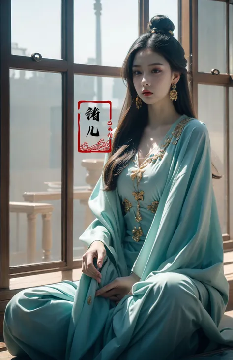 Epic CG masterpiece, hdr,dtm, full ha,8K, ultra detailed graphic tension, dynamic poses, stunning colors, 3D rendering, surrealism, cinematic lighting effects, realism, 00 renderer, super realistic, full - body photos, super vista, super wide Angle, HD
Zen1girljewelrysoloearringshair ornament(wide shot, wide-angle lens,Panoramic:1.2),super vista, super wide AngleLow Angle shooting, super wide lens, dark turquoise and light gold,
(full body:0.6),Sit in meditation, (own hands together:1.4)makeupchinese clothes  <lora:~Q?-y Zen:0.8>