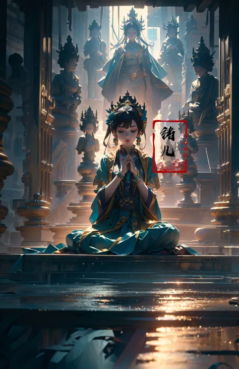 Bodhisattva mural,(The murals are brightly colored,But tracked by corrosion),(8k wallpaper),(Ancient Chinese folk painter painting style),(Watercolor style painting),(Noticeable light and shadow effects),(Ray traching),(There is light particle tracing),(Fantasy mythological style),style of surrealism,(Extremely expressive drawing technique),Creative inspiration:Dunhuang murals,Ray