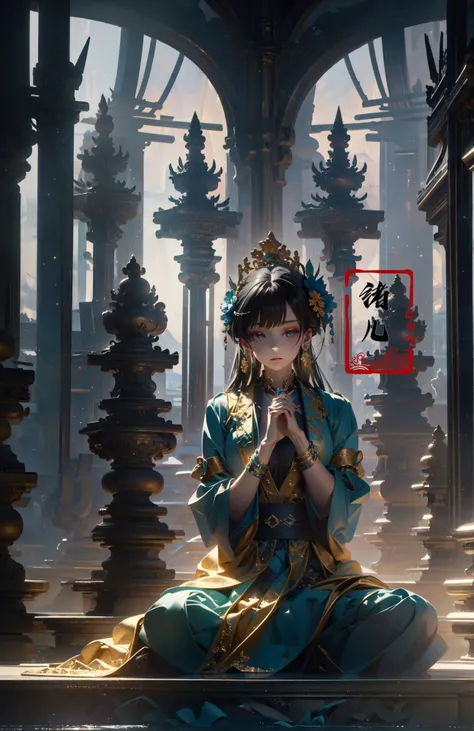 Epic CG masterpiece, hdr,dtm, full ha,8K, ultra detailed graphic tension, dynamic poses, stunning colors, 3D rendering, surrealism, cinematic lighting effects, realism, 00 renderer, super realistic, full - body photos, super vista, super wide Angle, HD
Zen1girljewelrysoloearringshair ornamentdark turquoise and light gold,
Sit in meditation, makeupchinese clothes  <lora:~Q?-y Zen:0.8>