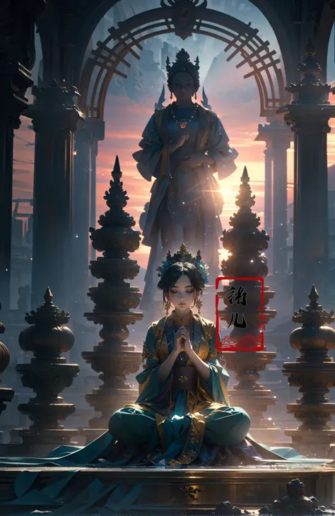 Epic CG masterpiece, hdr,dtm, full ha,8K, ultra detailed graphic tension, dynamic poses, stunning colors, 3D rendering, surrealism, cinematic lighting effects, realism, 00 renderer, super realistic, full - body photos, super vista, super wide Angle, HD
Zen1girljewelrysoloearringshair ornament(wide shot, wide-angle lens,Panoramic:1.2),super vista, super wide AngleLow Angle shooting, super wide lens, dark turquoise and light gold,
Sit in meditation, makeupchinese clothes  <lora:~Q?-y Zen:0.8>