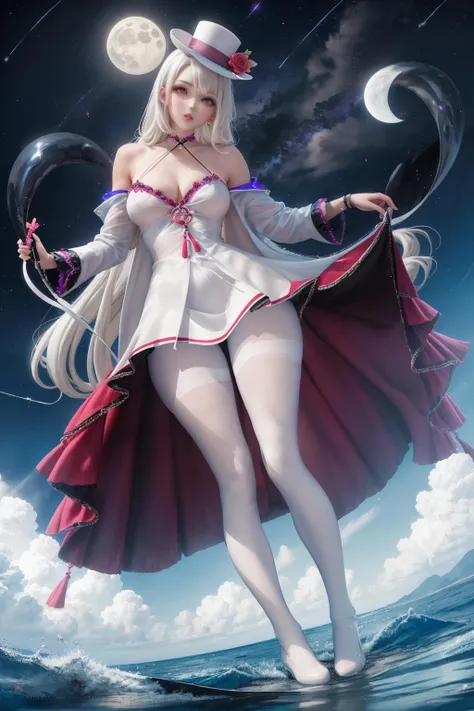 Ultra detailed, high, Amazon, best quality, (best illustration), extreme delete and beautiful, (by exit colors block), (fantasy), (cowboy shot:0.95), (full body:1.25), [from side], an extreme delete and beautiful, [(white background: 1.1):2]//Quality, lens BREAK ((1girl)), (solo)), (A girl) The girl is floating in air, (This girl has delicately long hair and beautiful with (mini top hat), hair between, braid, French braidoff shoulder dress, (white pantyhose:1.15)), (white hair and red eyes:1.3).//BREAK Stars fill the night sky, and there are (shooting stars) and (auras), The (full moon)) hang in the sky, The surface of the water is Shiny with glowing particles, //Background effect,
<lora:maj_20231011010717-000007:0.8>,