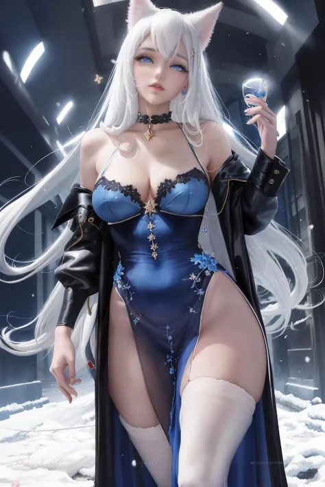 ((A cute gril))(((long hair)))(bang)((( white hair)))((((Deepblue eyes)))) masterpiece, best quality, (an extremely delicate and beautiful), beautiful detailed eyes, detailed light, mature fragrans, shinelight, lighting particle, watercolor, col orful, beautifully painted, highly detailed, black beautiful dress, single, snowfiled, night, snow, Snow cover,
<lora:maj_20231011010717:0.8>,