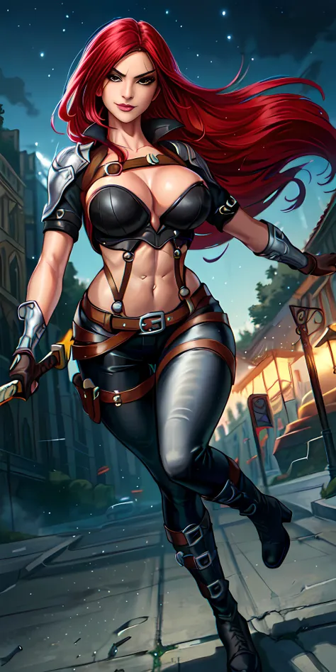 (masterpiece, best quality)1.5, 1girl, solo, (sexy, beautiful woman)1.5, (katarina, <lora:katarinaLeagueOf_abyssorangemix2:0.8>, belly tattoo, black pants, knee-high lace-up boots, black gloves, harness, dual swords), (fighting stance in the middle of a street, night sky)1.5, (long red hair, green eyes)1.5, (large breasts:1.5), (toned body:1.5), smiling, intricately detailed, smooth, hdr, 4k, 8k