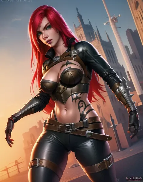High Quality, (Photorealistic:1.4), (Realistic:1.5), 8k, Highres, Fine Light, Studio Lighting, katarina league of legends, red hair, thigh gap, Sexy Pose,green eyes, ( belly tattoo:1), harness, sexy pose, 1 girl, <lora:Katarina:0.8>, katarina, beautiful eyes, dark street, church,