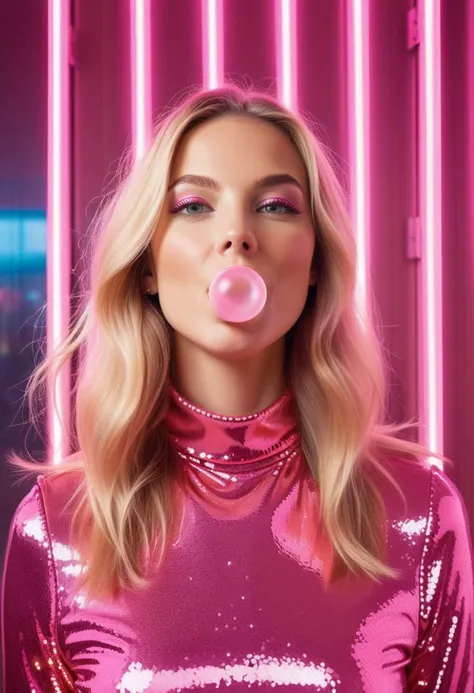 an avante garde professional portrait of a young scandinavian blonde woman with long flowing hair  under the neon lights, blowing a bubblegum bubble, and laughing manically could be interpreted as a playful blend of chaos and delight. This image, if captured by one of these photographers, might aim to challenge conventional beauty standards, explore the complexities of modern life, or evoke a sense of youthful abandon.  In the context you've provided, the subject's hot pink sequin tight mini dress, pink shimmery eyeshadow, pink lipstick, and pink blush on cheeks contribute to a bold and vibrant aesthetic, which might challenge traditional beauty standards or explore the complexities of modern femininity. The innocent wide eyes could suggest a sense of vulnerability or naivete amidst the chaotic scene.  Juergen Teller, Terry Richardson, and Ryan McGinley are known for their distinct approaches to photography, often featuring raw, provocative, and contemporary scenes. If this image were captured by one of these photographers, it might aim to evoke a sense of youthful abandon, explore the nuances of modern life, or challenge societal norms, short neck, her face is illuminated by the neon lights