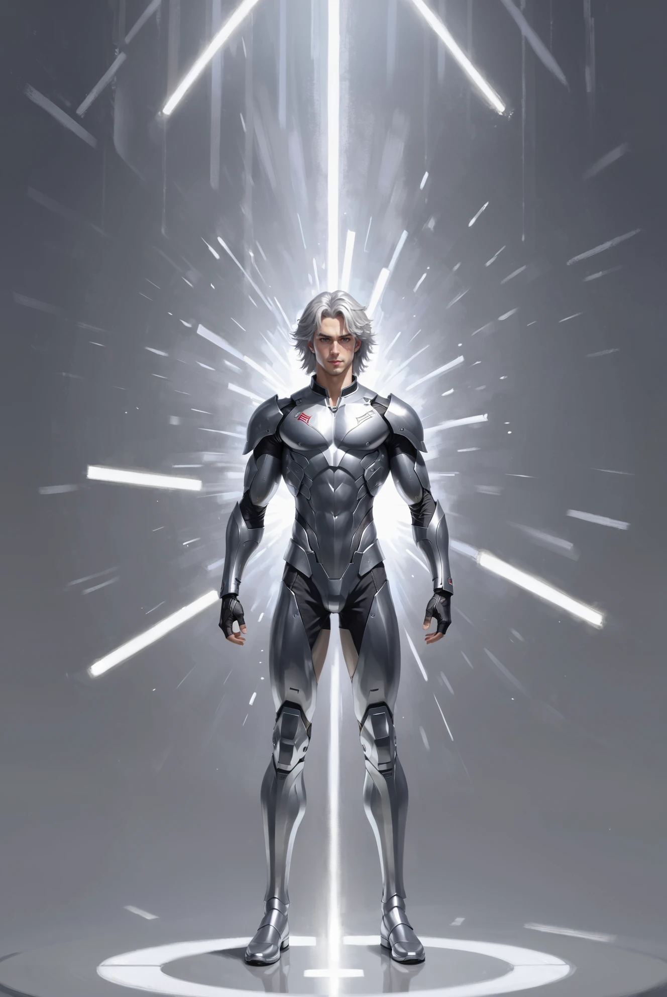 (full body:1.2), 1boy, man, handsome, solo, [:creative costume design,:0.2] crusader, caucasian, shiny lightslategray hair, (athletic:1.3) build<lora:EnvyDramaticPortraitXL02:1>