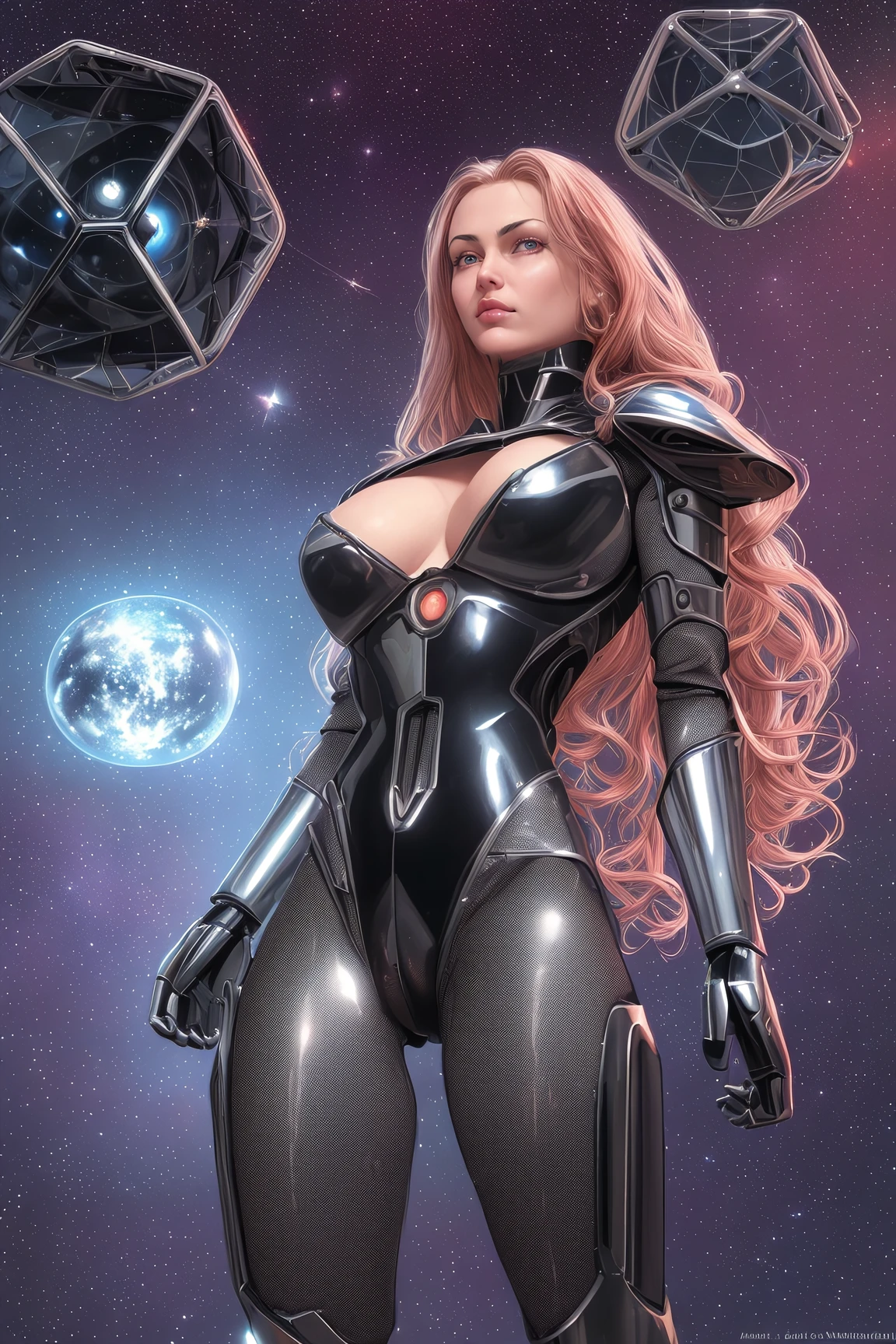 Masterpiece, best quality, (realistic:1.4), photorealistic, (highres:1.1), (detailed:1.2), (science fiction:1.2), (1girl:1.1), (adult female:1.1), (20-year-old:1.3), (cleavage cutout:1.4), (cameltoe:1.4), (very long hair:1.3), (big hair:1.2), (futuristic shiny bulky armor:1.3), copper trim, (see-through fishnet:1.2), (hexagon pattern:1.2), (small breasts:1.2), skindentation, (NSFW:1.2), spaceship window, stars, (by Alejandro Burdisio:1.2), (by Michael Whelan:1.2)