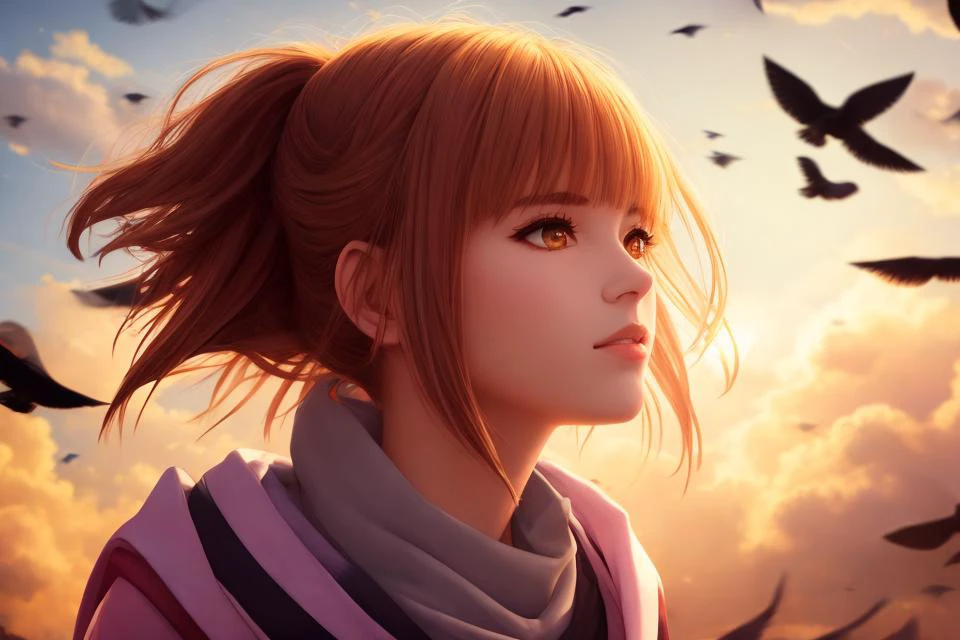 masterpiece, best quality, portrait of pretty girl, perfect face, floating hair, hyperdetailed intricate, good anatomy, floating petal, (flying birds:1.3), cloud, naruto, cinematic lighting, flowers
